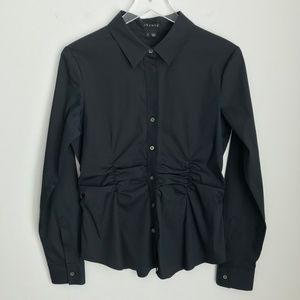 Theory Button Up Long Sleeve Gathered Waist Shirt L Black Stretch Work Classic
